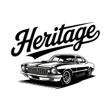 Bold black and white graphic design featuring a classic American muscle car beneath bold script lettering proclaiming heritage.