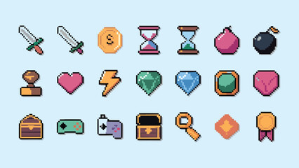 Collection of colorful pixel art game assets including swords gems bombs hearts controllers and treasure chests displayed neatly. © Vectyx