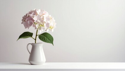 Fototapeta premium Light Pink Hydrangea in White Vase Minimalist Floral Arrangement Tranquil Still Life Photography.