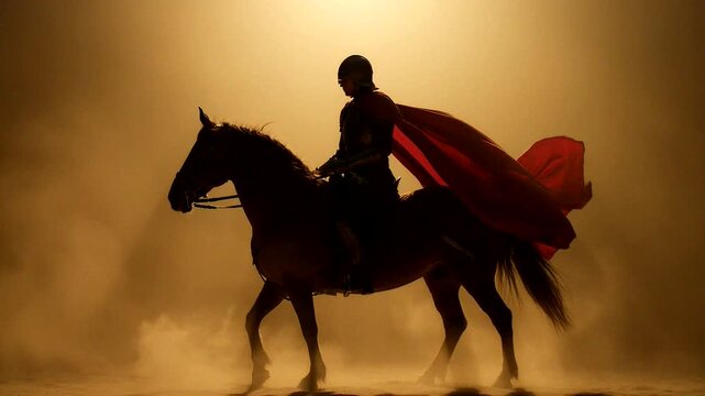 A knight on horseback with a flowing cape rides through a dramatic, golden, dust-filled landscape.