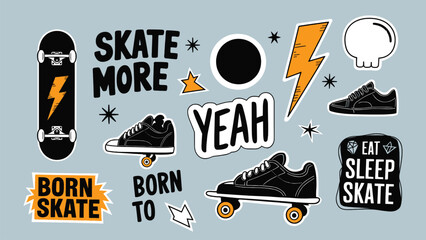 A dynamic collection of black and orange skateboarding themed graphic stickers featuring phrases and footwear elements perfect for youth designs.