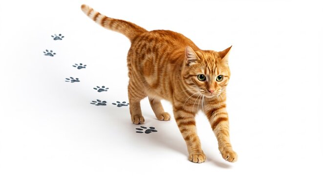 Vibrant ginger tabby cat walks forward leaving playful paw prints on a clean white studio background.. AI Generated