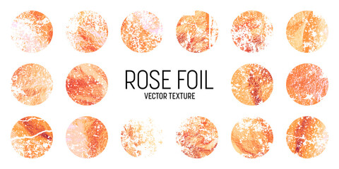 Grunge rose gold foil, shiny handmade circles. Golden glittering texture, pattern. Luxury shining hand drawn background. Wedding, greeting card decoration elements. Modern art. Vector illustration © 32 pixels