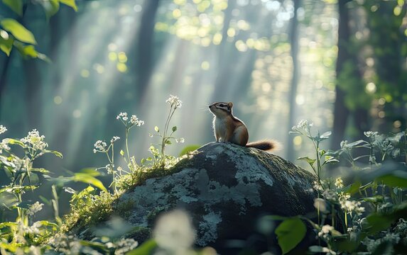 Tiny chipmunk on a moss-covered rock surrounded by lush green forest and warm sunlight rays
