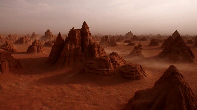 Vast arid desert landscape with unique sand formations under a hazy sunrise and dusty atmosphere.