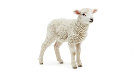 Fototapeta premium Tiny fluffy white lamb stands alertly on a bright clean white background bathed in soft light. AI Generated