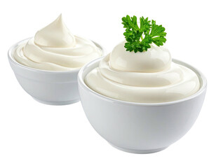Two bowls of creamy white sauce topped with fresh green herb garnish