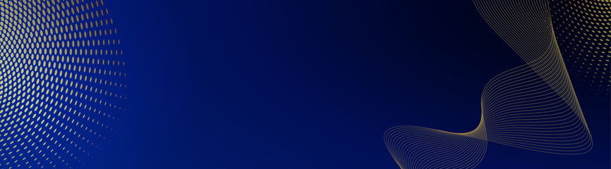 Naklejka premium Abstract horizontal banner with golden wavy lines, halftone dots, and lens flares on dark backgrounds. Luxury elegant vector backdrops for website headers and corporate design