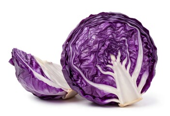 Obraz premium A vibrant purple cabbage with a cut section revealing its crisp white interior, set against a clean white background.
