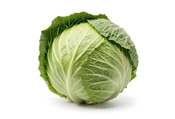 Fototapeta premium A crisp head of cabbage sits isolated on a clean white background, showcasing its vibrant green leaves and firm texture.