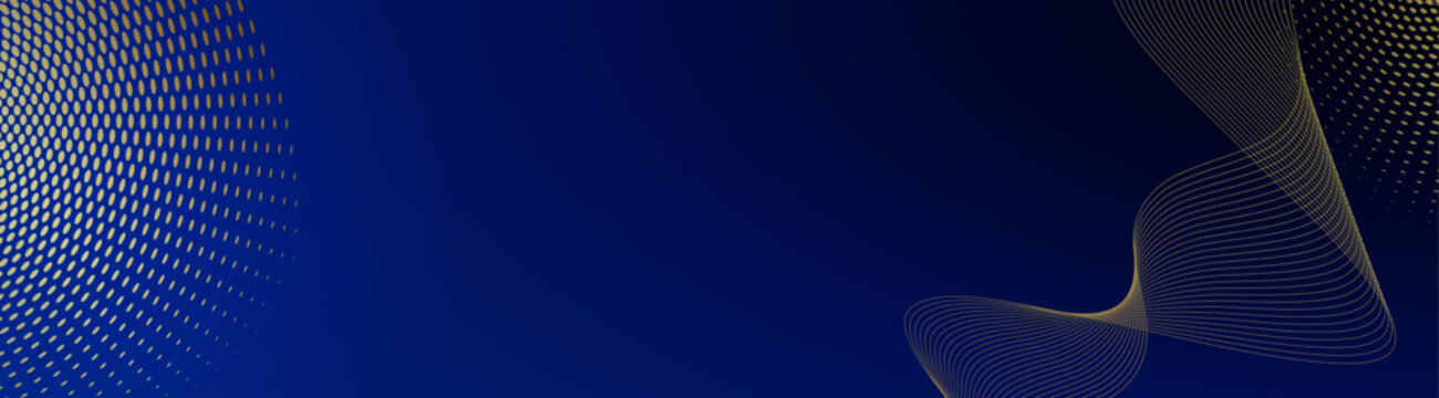 Abstract horizontal banner with golden wavy lines, halftone dots, and lens flares on dark backgrounds. Luxury elegant vector backdrops for website headers and corporate design
