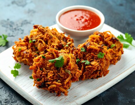 Crispy onion bhajis with sweet chilli sauce on white wooden board