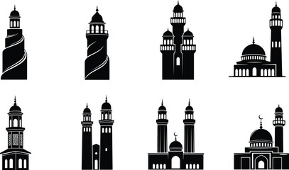 Collection of black Islamic mosque silhouettes with crescent moon and star icons in geometric frames for Ramadan and Eid Mubarak designs © Khadija