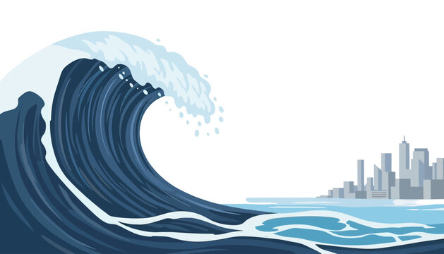 Large Blue Wave Crashing Ocean Illustration.
