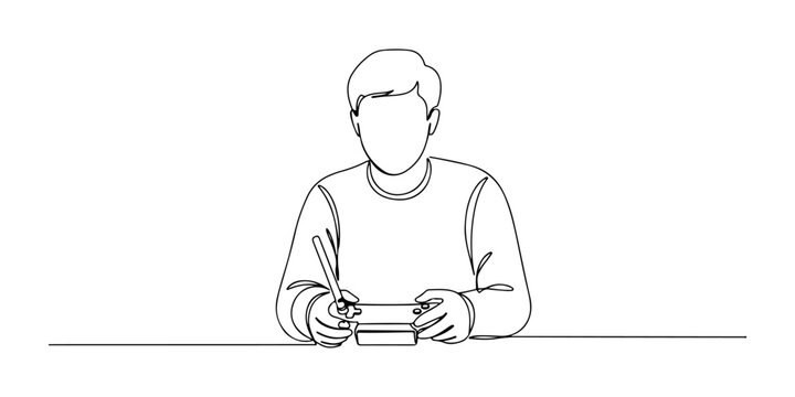 Continuous one line of a person is playing a console game with a stick in hand, depicting a hobby of playing video games, drawn illustration.