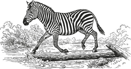 Fototapeta premium Zebra crossing shallow river on log with natural landscape in black and white line art