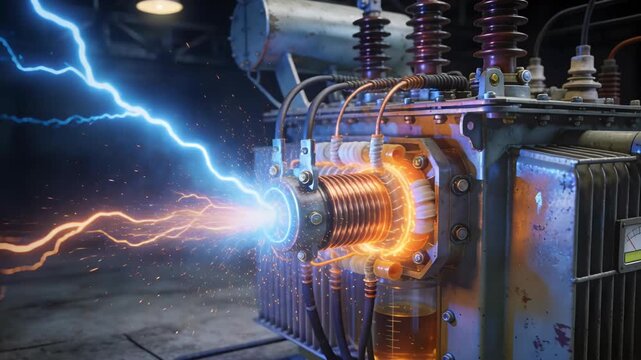 A powerful electrical transformer radiates brilliant blue and orange energy, accompanied by sparks, set against a dark, industrial background. The mood is intense and high-tech, perfect for concepts o