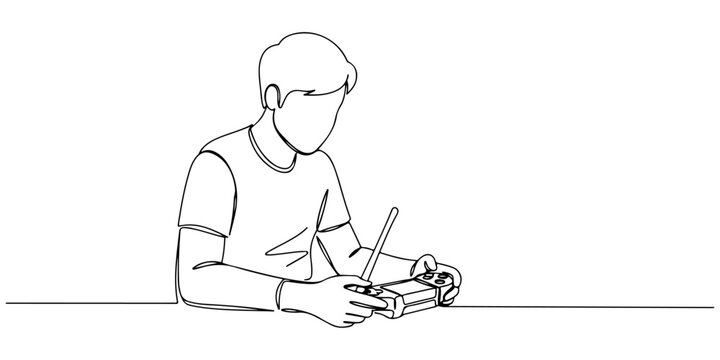 Continuous one line of a person is playing a console game with a stick in hand, depicting a hobby of playing video games, drawn illustration.