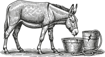 Fototapeta na wymiar Donkey drinking water from wooden bucket with rope, rustic farm animal sketch
