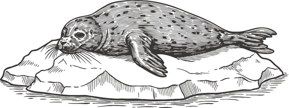 Illustration of a harbor seal lying on an ice floe in arctic environment