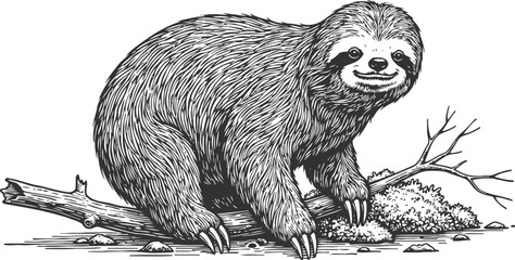 Fototapeta premium hand drawn sloth resting on tree branch with detailed fur and claws illustration