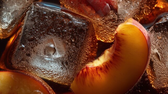 Macro shot of a peach slice and ice cubes with bubbles in a cold beverage. Refreshing drink concept for summer.