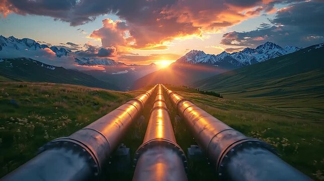Reflective golden pipeline crosses vast mountain valley, dramatic sunset sky, snow peaks
