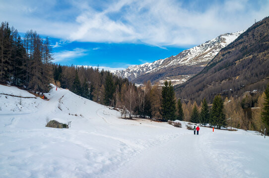 Country-ski slopes near the village of Lillaz. Lillaz is a small village in the Cogne valley, side branch of the main Aosta valley (Northern Italy), at the foot of the Gran Paradiso massif.
