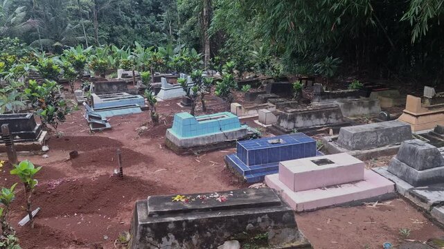 A wide shot of a quiet village graveyard featuring diverse colorful headstones surrounded by lush tropical trees and plants.