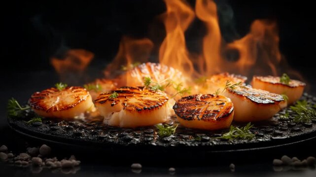 Grilled Scallops with Flames on Grill
