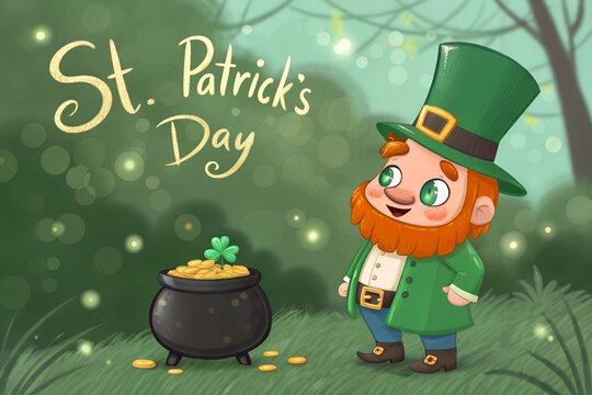 Happy St. Patrick's Day Leprechaun Pot Gold, Cute Cartoon Leprechaun St Patrick's Day Art, Green Hat Beard Pot Gold St Patrick's Graphic, Magical Forest Leprechaun Happy St Patrick's Day, Bearded Lepr