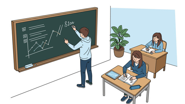 Dedicated student writing complex math equations on a chalkboard while classmates study and take notes at their desks.