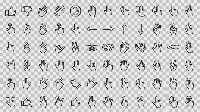 Set of 100 Hand Gesture Line Icons Vector on Transparent Background