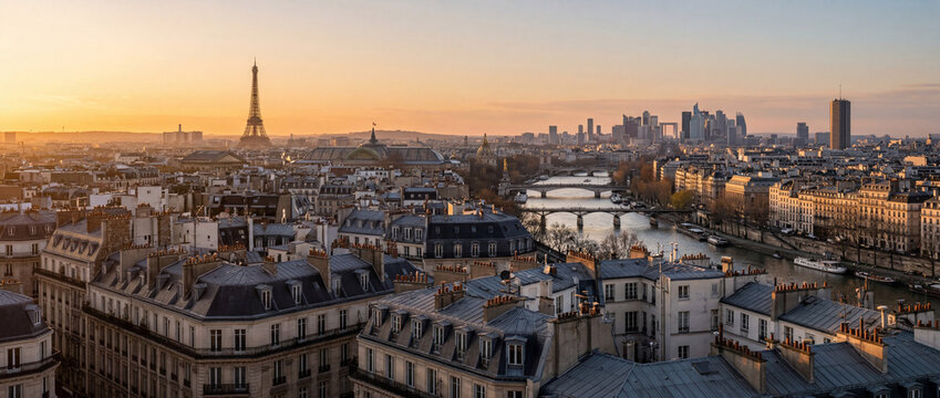 Paris Skyline With Eiffel Tower and Seine River at Sunset
