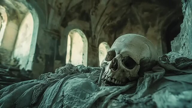 Skull on Old Cloth in Ancient Chamber.