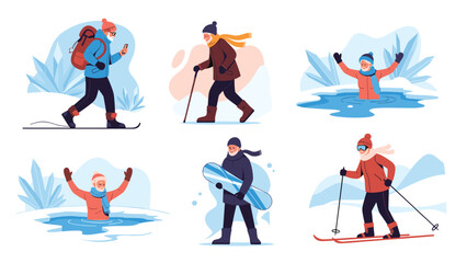 Fototapeta premium Active senior citizens participating in various outdoor winter sports like skiing, snowboarding, and ice swimming.