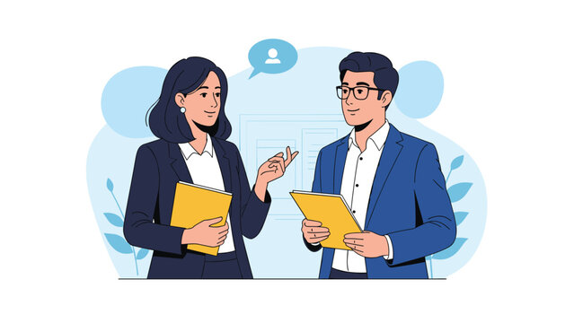 Professional man and woman in business suits standing and having a discussion while holding bright yellow folders in a clean office.