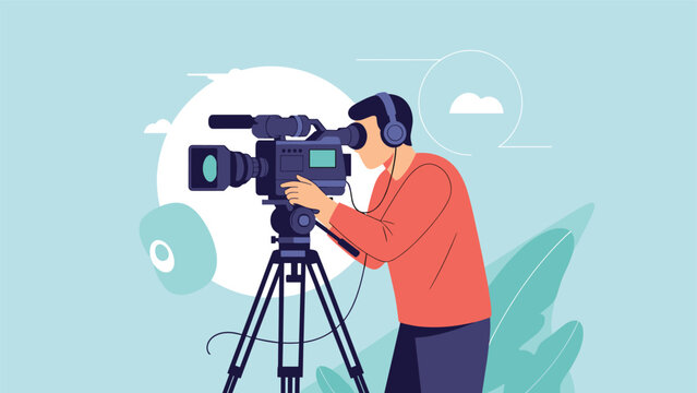 Professional videographer wearing black headphones and operating a large movie camera mounted on a tripod in a modern studio.