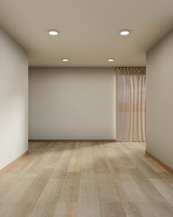 Obraz premium White wall on wooden parquet floor with sunlight through curtain covered window in empty modern room