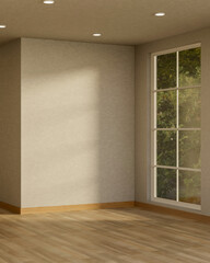 Fototapeta premium Empty white wall over wooden parquet floor with sunlight through garden view window in a modern room