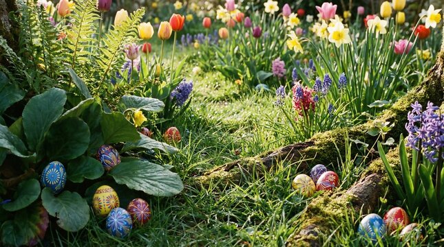 A vibrant spring garden scene bursting with a delightful array of colorful blooming flowers and intricately decorated Easter eggs nestled amidst lush greenery and moss