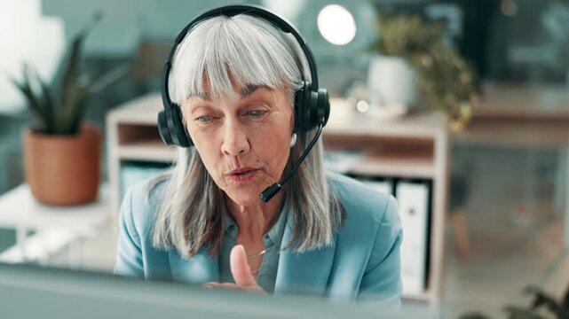 Computer, talking or woman with headset in call center, explain troubleshooting steps or customer care. Help desk, advice or mature agent with contact for tech support, guidance or client assistance