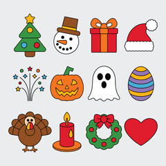 Fototapeta premium Colorful holiday icons for festive designs and celebrations