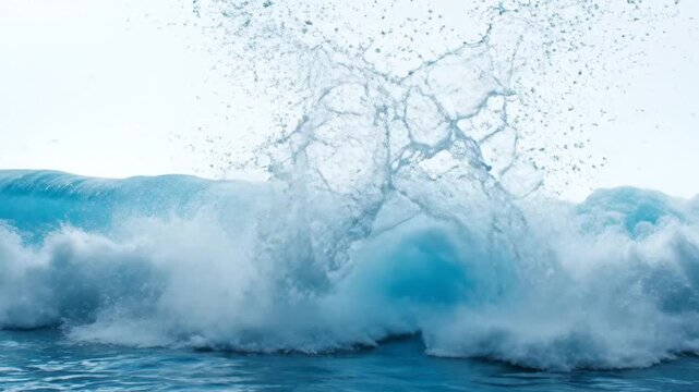 Powerful ocean wave dramatically crashing and splashing with white foam against a bright clear sky, showcasing nature's force.