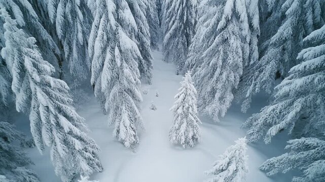Aerial view of a snowy forest with snow-covered trees in winter