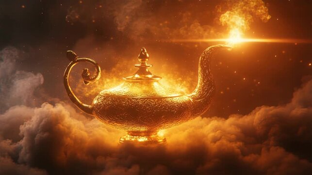 Magical Golden Genie Lamp In Glowing Clouds