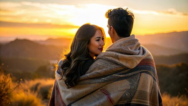 Romantic couple wrapped in blanket watching golden sunset over mountains