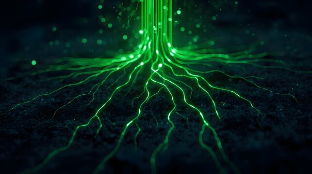 Glowing Green Digital Roots Spreading Through Dark Earth Concept