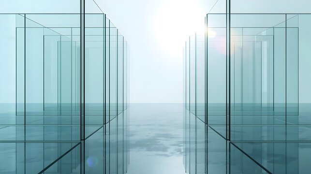 Futuristic Minimalist Glass Office Corridor with Bright Light Flare