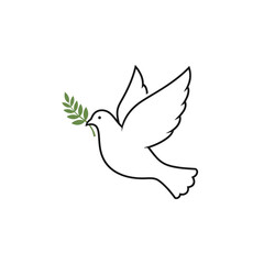 Obraz premium Minimalist line art illustration of a white dove carrying a green sprig in its beak, symbolizing peace and hope